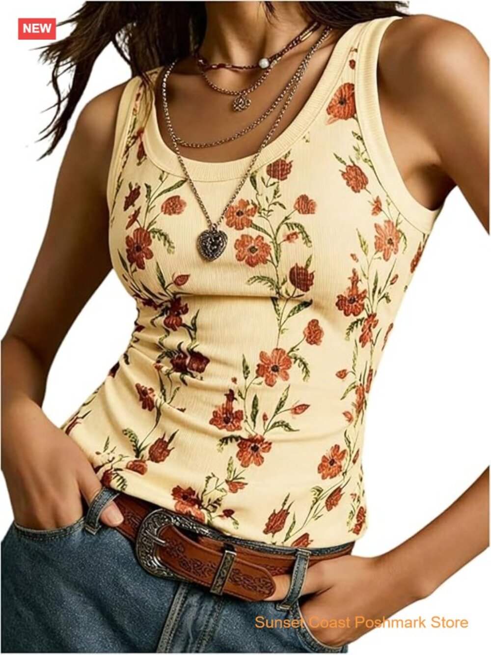 Womens Floral Tank Top Scoop Neck Sleeveless Boho Summer Vacation Top
